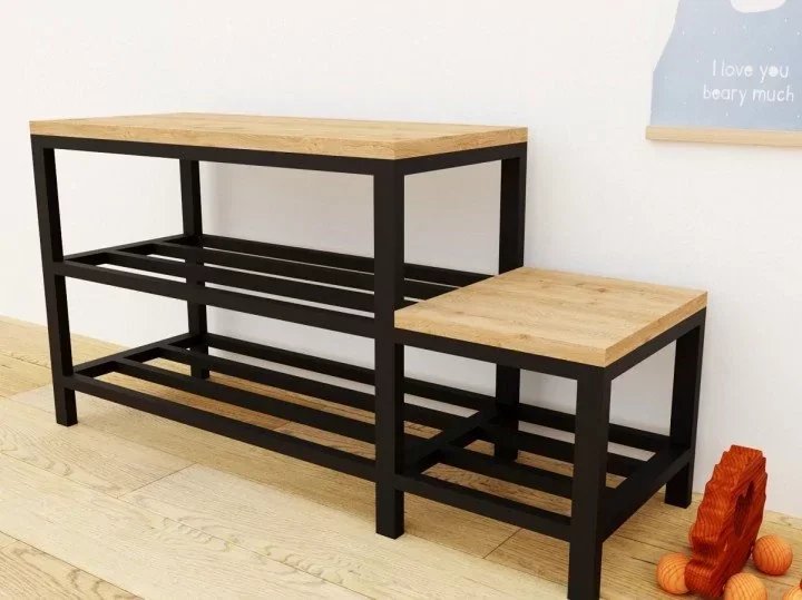 [BP1-ES] Banco estilo Industrial Loft “Klaus” 110x50x35 cm – Madera Natural y Acero