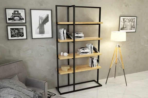 [SQ9485415] Estantería Línea — diseño abierto de madera y metal con líneas puras