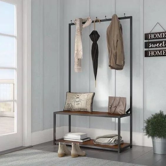 [VSH38] Perchero de pie estilo industrial con ganchos 160x80x40 cm – Acero y madera natural
