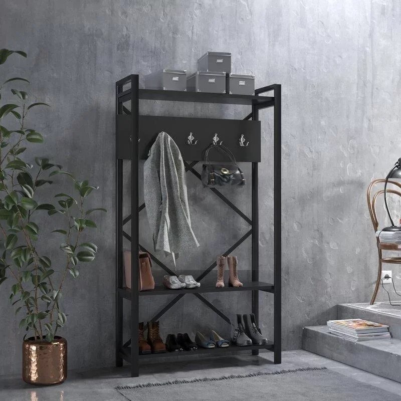 [VSH82] Perchero de pie estilo loft con estantes de madera natural 180x90x35 cm