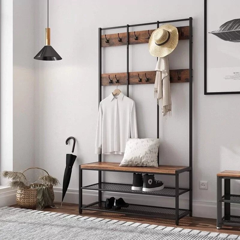 [VSH85] Perchero de pie estilo loft Dakota con estante de madera natural 185x100x40 cm